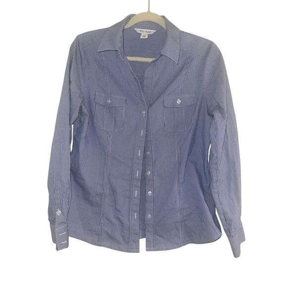 ✨White House Black Market Stripe Poplin City Camp Button Down Sz 8 Shirt✨ - Picture 6 of 11